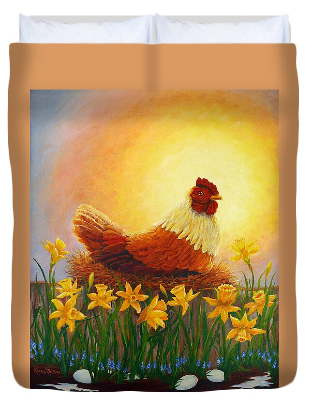 Spring Duvet Cover featuring the painting Spring Chicken by Karen Mattson