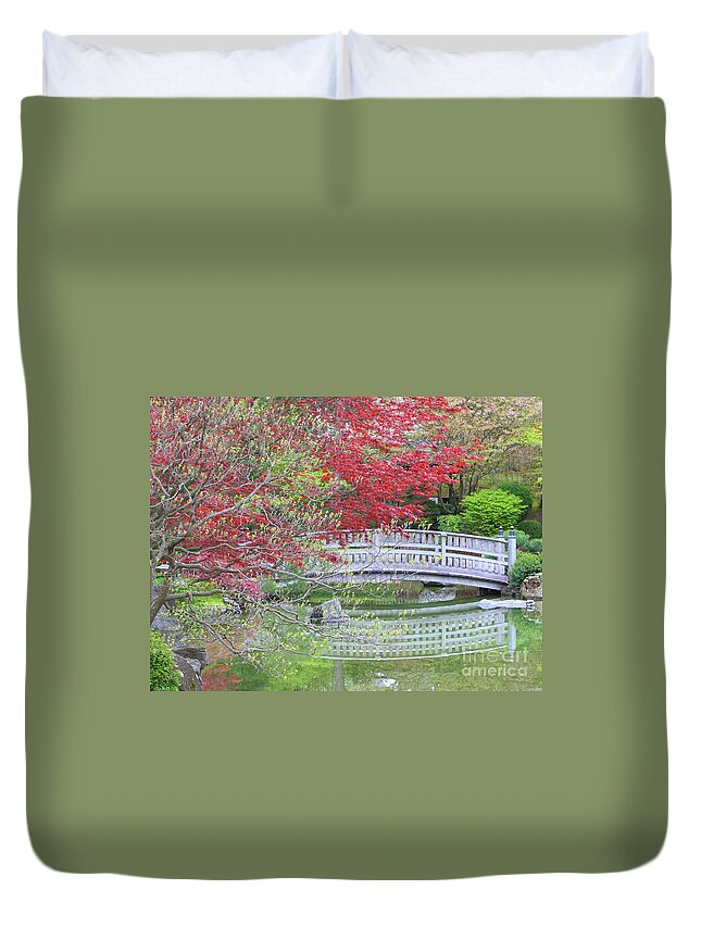 Japanese Garden Duvet Cover featuring the photograph Spring Color over Japanese Garden Bridge by Carol Groenen