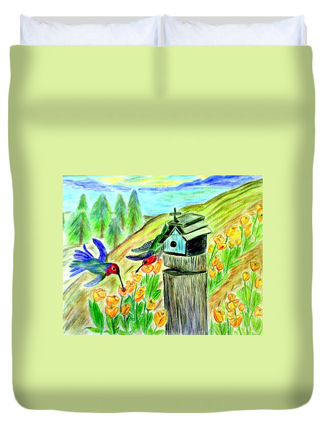 Spring Duvet Cover featuring the mixed media Spring Feeding by Suzanne Berthier
