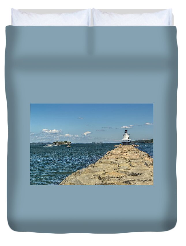 Maine Duvet Cover featuring the photograph Spring Point Ledge lighthouse by Jane Luxton