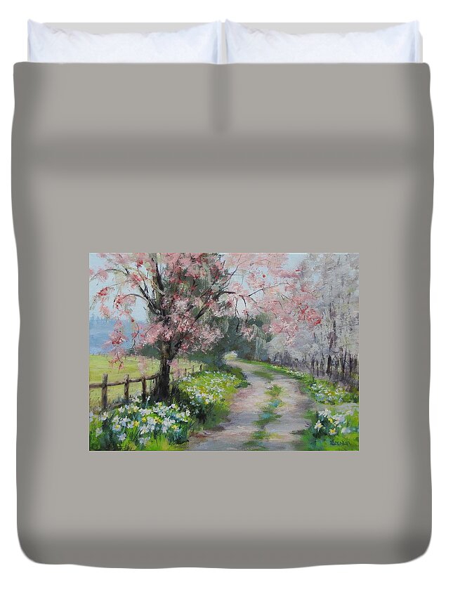 Original Duvet Cover featuring the painting Spring Walk by Karen Ilari