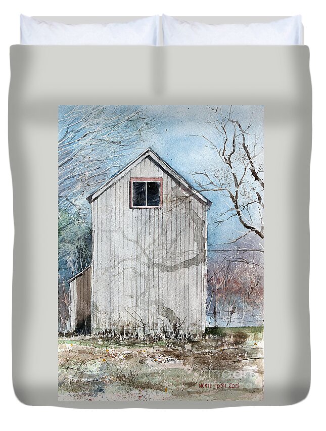 Cast Shadows Decorate The Face Of A Weathering Barn In Wethersfield. Connecticut. Duvet Cover featuring the painting Springtime by Monte Toon