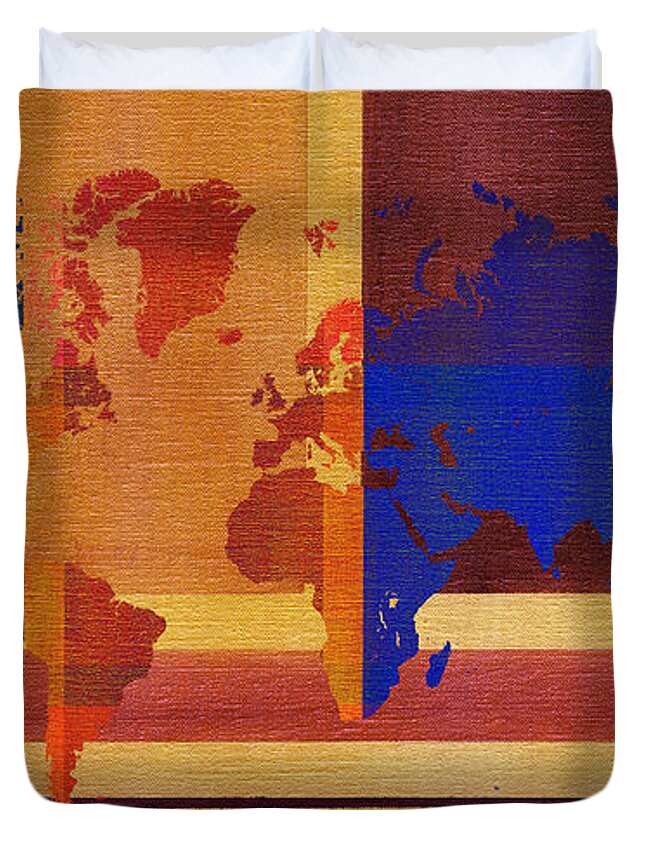 World Duvet Cover featuring the painting Square with Lines World Map by Hakon Soreide