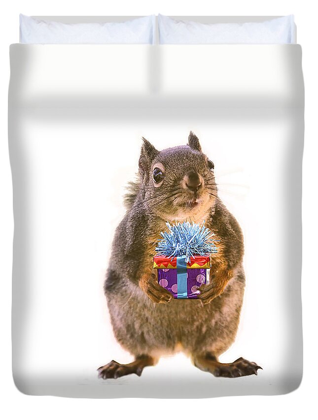 Birthday Duvet Cover featuring the photograph Squirrel with Gift by Peggy Collins