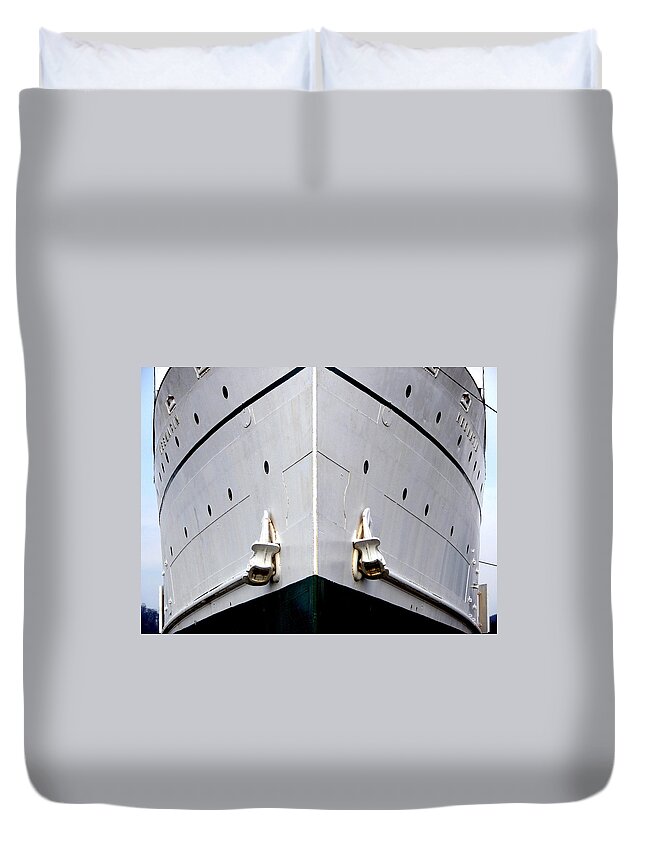 S.s. Keewatin Duvet Cover featuring the photograph S.S. Keewatin Bow by Michelle Calkins