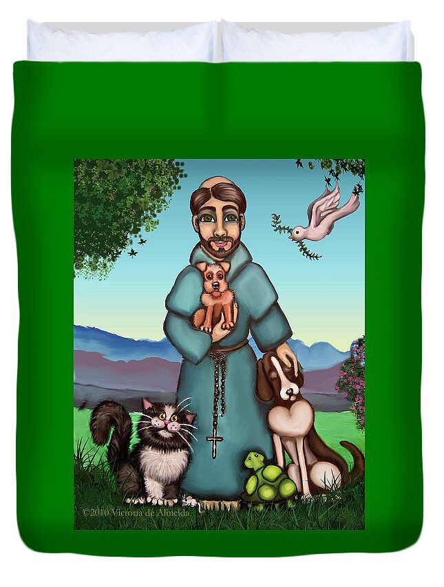 St. Francis Duvet Cover featuring the painting St. Francis Libertys Blessing by Victoria De Almeida