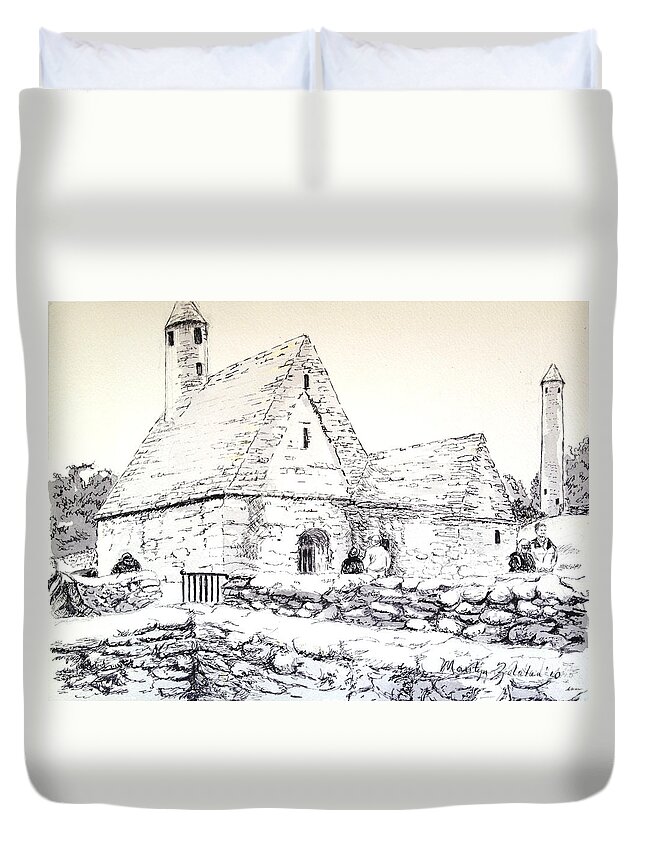 St Kevins's Duvet Cover featuring the drawing St Kevin's by Marilyn Zalatan