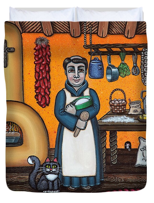 San Pascual Duvet Cover featuring the painting St. Pascual Making Bread by Victoria De Almeida