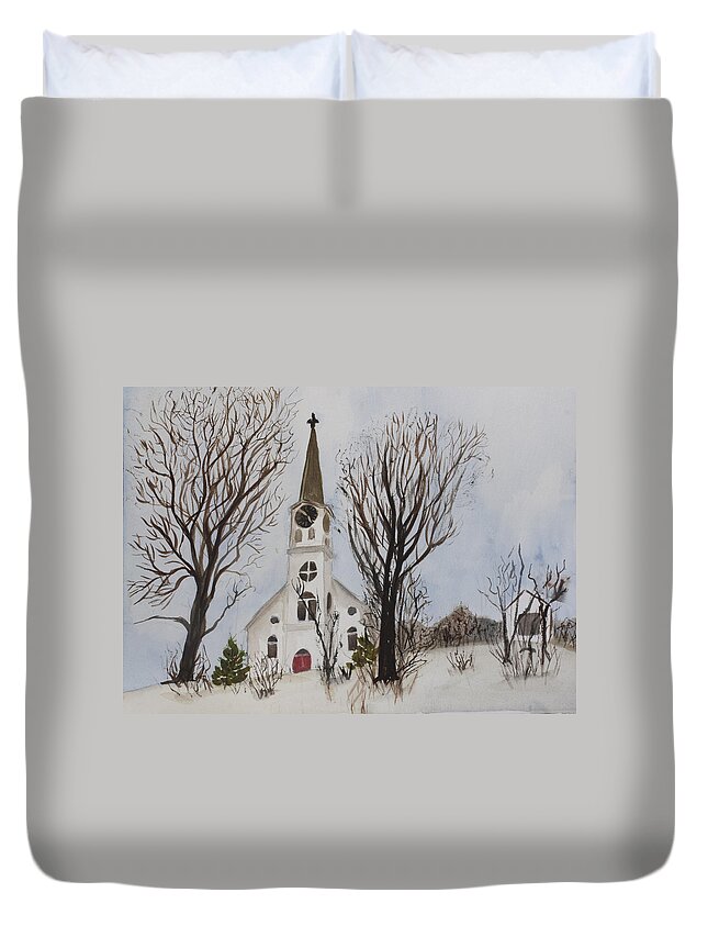 St. Pauls Duvet Cover featuring the painting St. Pauls Church in Barton VT in Winter by Donna Walsh