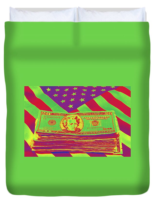 Flag Duvet Cover featuring the photograph Stack of Money On American Flag Pop Art by Keith Webber Jr