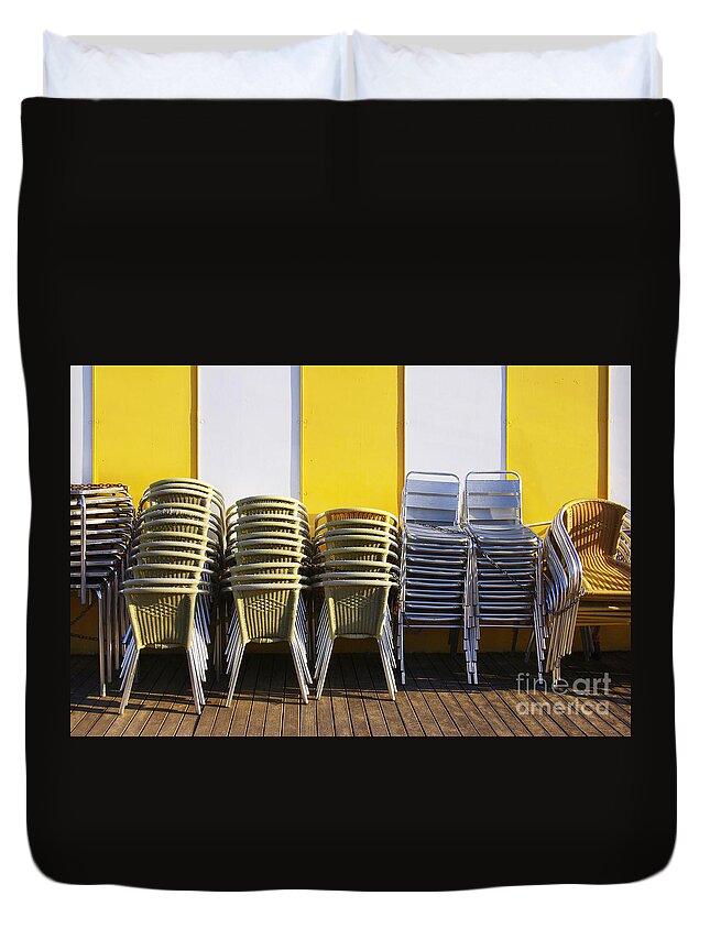 Aluminum Duvet Cover featuring the photograph Stacks of Chairs and Tables by Carlos Caetano