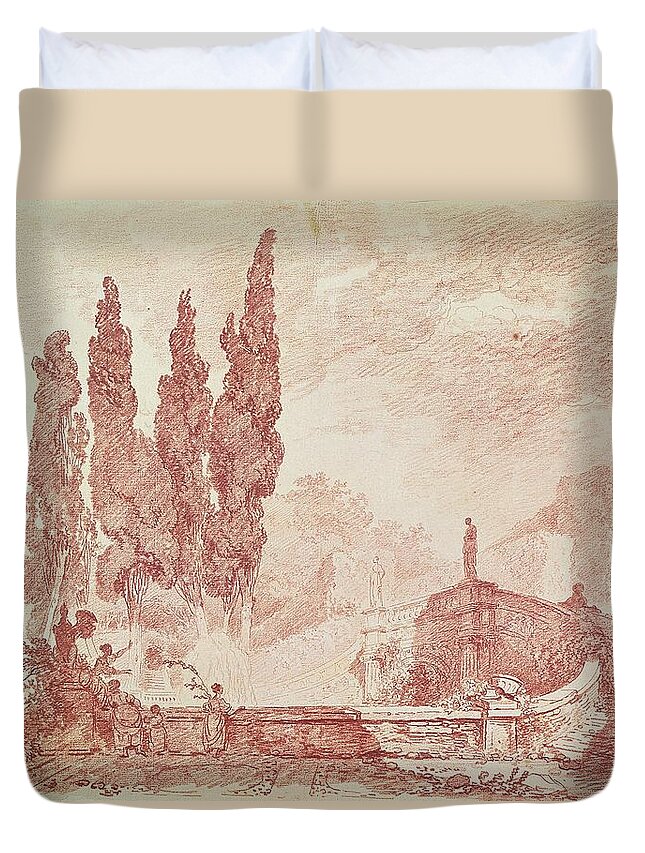Italian Duvet Cover featuring the drawing Staircase In The Gardens Of The Villa Deste, Tivoli by Jean-Honore Fragonard
