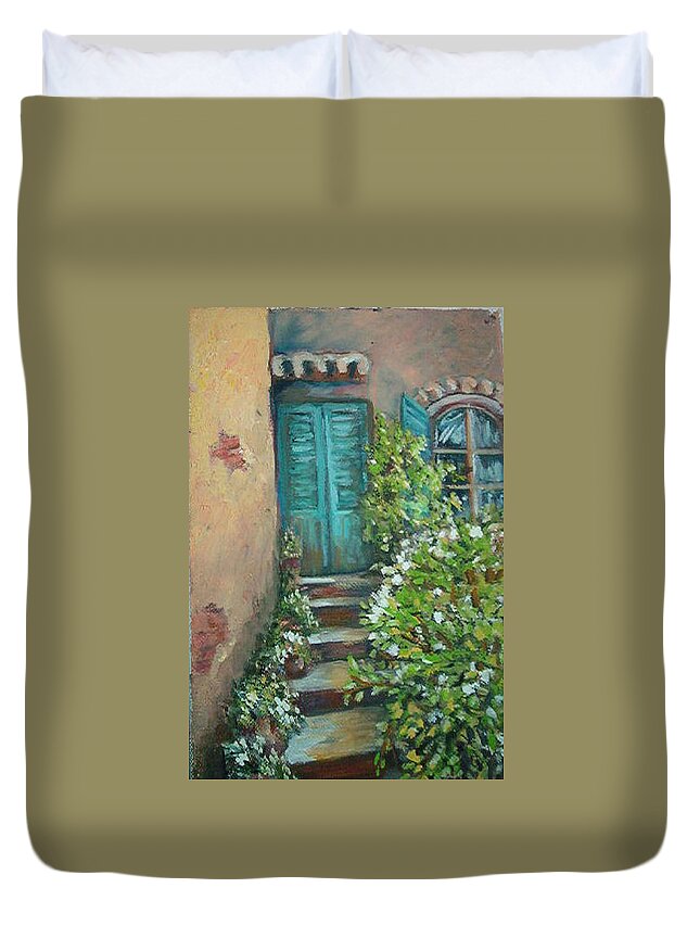 Entryway Duvet Cover featuring the painting Stairway in Mexico by Charme Curtin