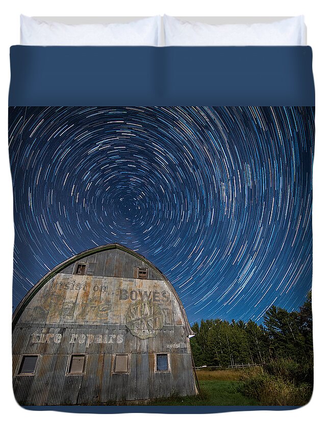Star Duvet Cover featuring the photograph Star Trails Over Barn by Paul Freidlund