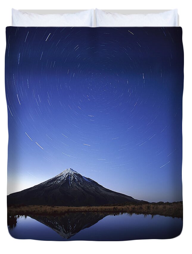 Feb0514 Duvet Cover featuring the photograph Star Trails Over Mt Taranaki New Zealand by Harley Betts