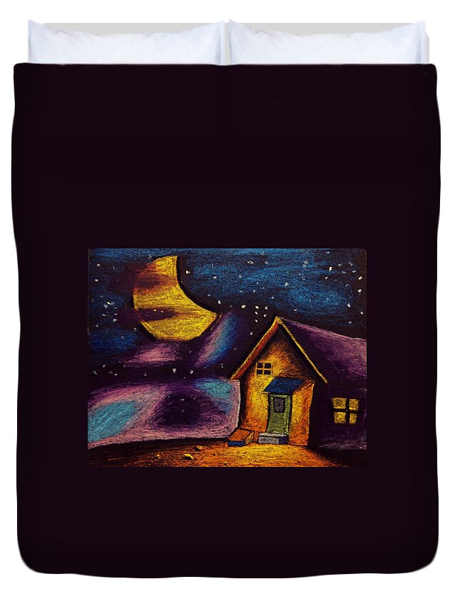 Wallpaper Buy Art Print Phone Case T-shirt Beautiful Duvet Case Pillow Tote Bags Shower Curtain Greeting Cards Mobile Phone Apple Android Old Farmhouse Night Stars Aurora Moon Crayon Dark Deco Ambiance Darkness Light Incandescence Nature Sky Clouds Duvet Cover featuring the painting Starry Night by Salman Ravish