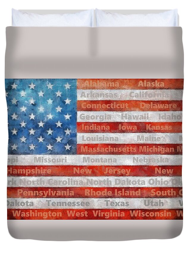 Flag Duvet Cover featuring the digital art Stars and Stripes with States by Michelle Calkins