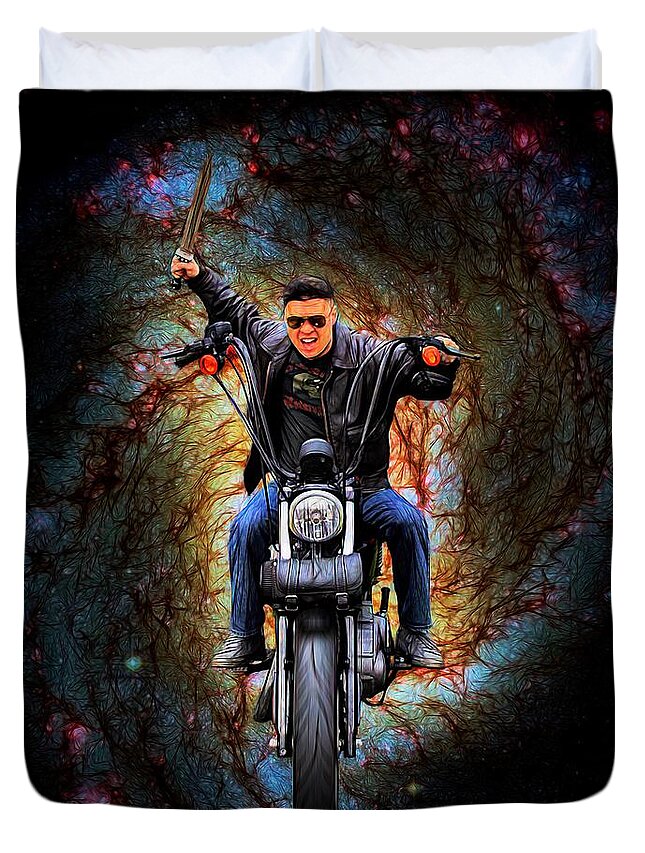 Starscape Duvet Cover featuring the painting Starscape Rider by Jon Volden