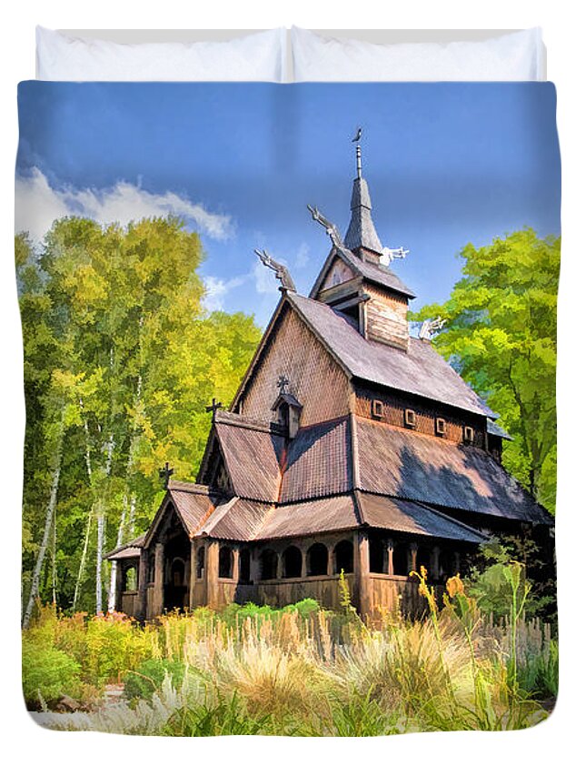 Door County Duvet Cover featuring the painting Stavkirke Church on Washington Island Door County by Christopher Arndt