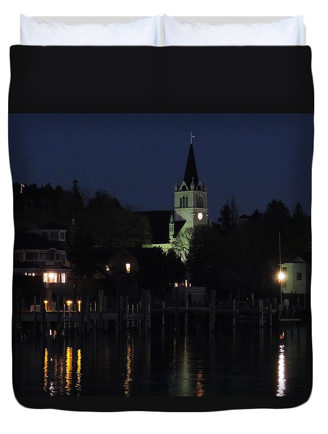 Mackinac Island Duvet Cover featuring the photograph Ste. Anne's in the Moonlight by Keith Stokes