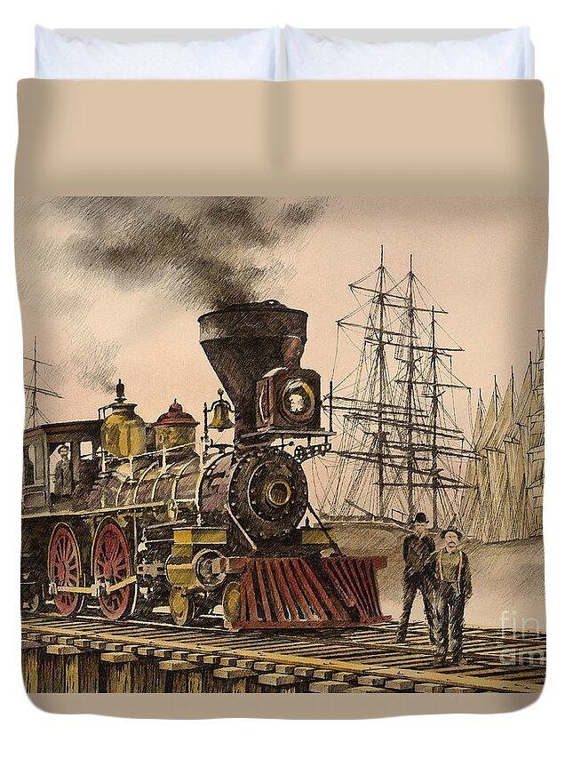 Railroad History Duvet Cover featuring the painting Steam and Sail by James Williamson
