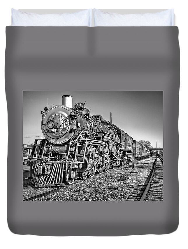 Black And White Duvet Cover featuring the photograph Steam Locomotive 3423 by David and Carol Kelly