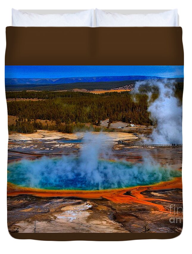 Grand Prismatic Spring Duvet Cover featuring the photograph Steaming Rainbow by Adam Jewell