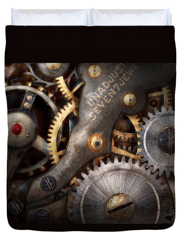 Steampunk Duvet Cover featuring the photograph Steampunk - Gears - Horology by Mike Savad