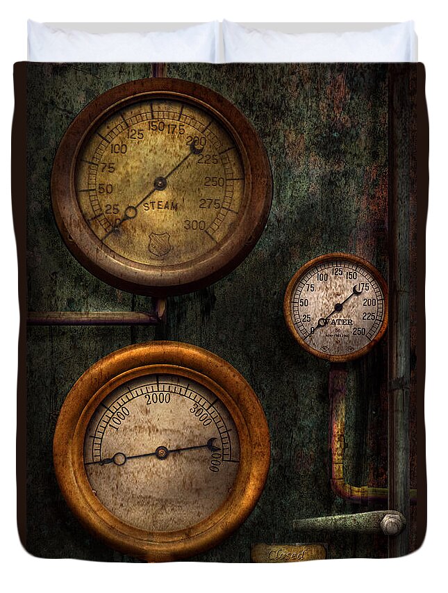 Steampunk Duvet Cover featuring the photograph Steampunk - Plumbing - Gauging success by Mike Savad