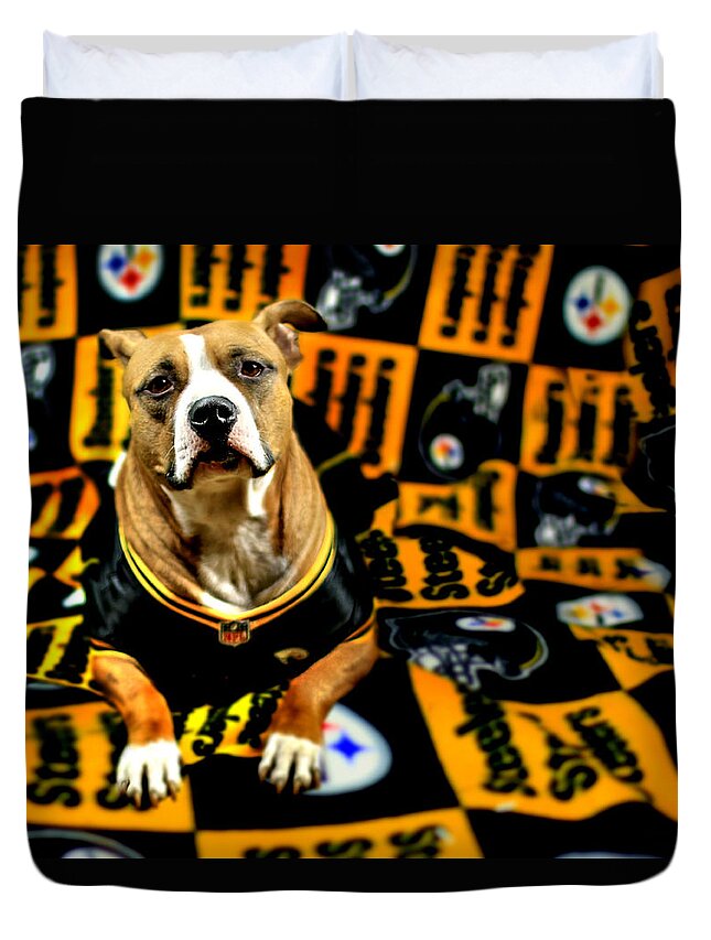 Pittsburgh Duvet Cover featuring the photograph Pitbull Rescue Dog Football Fanatic by Shelley Neff