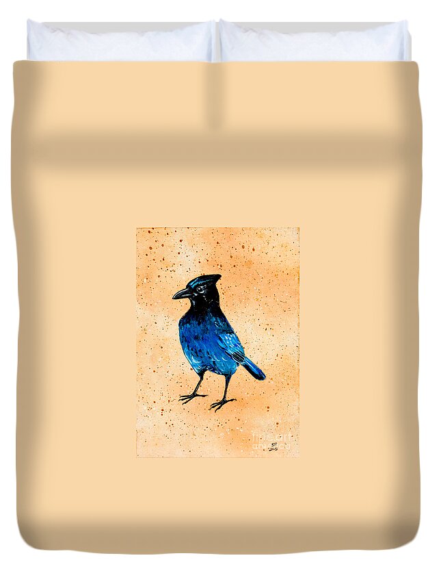  Duvet Cover featuring the painting Stellar jay by Stefanie Forck
