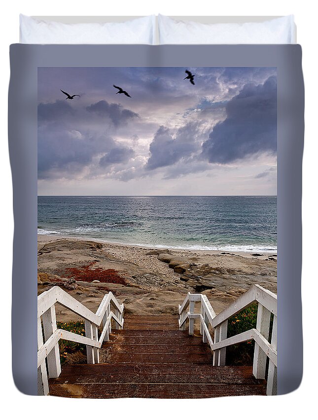 Beach Duvet Cover featuring the photograph Steps and Pelicans by Peter Tellone