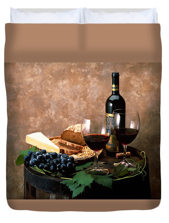Photography Duvet Cover featuring the photograph Still Life Of Wine Bottle, Wine by Panoramic Images