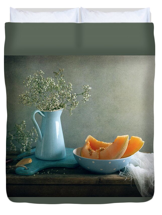 Vase Duvet Cover featuring the photograph Still Life With Melon by Copyright Anna Nemoy(xaomena)