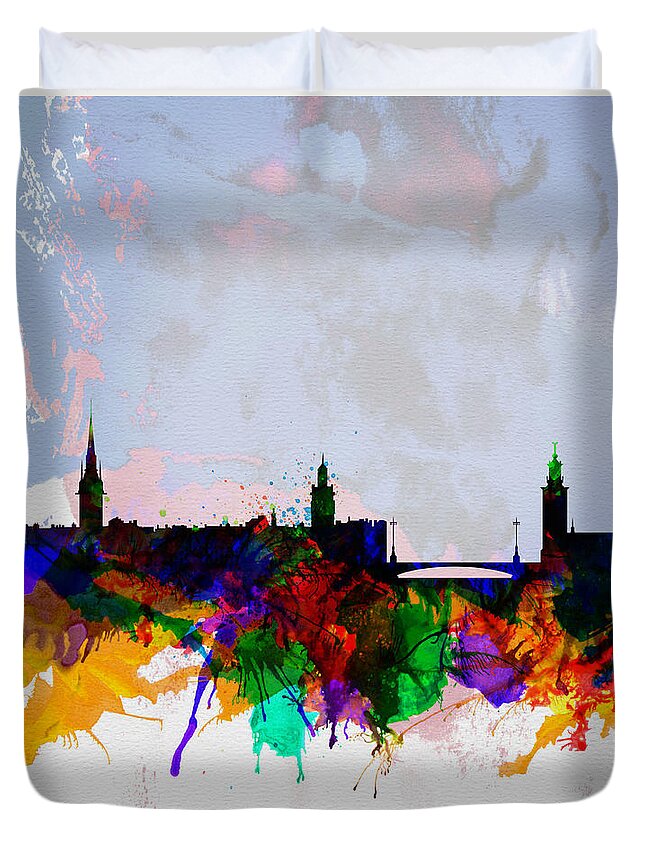 Stockholm Duvet Cover featuring the painting Stockholm Watercolor Skyline by Naxart Studio
