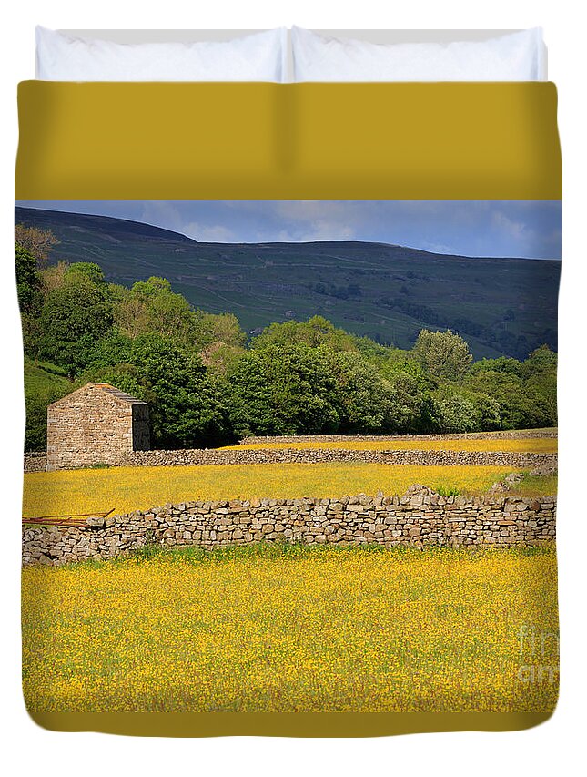 Stone Duvet Cover featuring the photograph Stone barn and dry stone walls in Swaledale in the Yorkshire Dales by Louise Heusinkveld