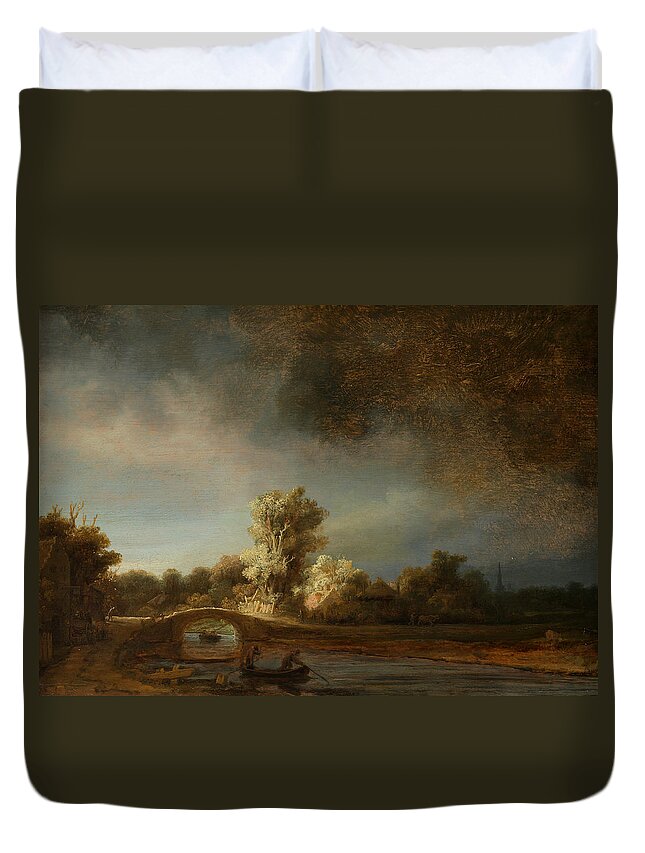 Stone Bridge Duvet Cover featuring the painting Stone Bridge by Rembrandt