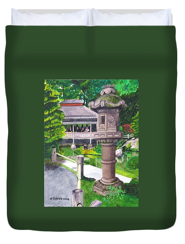 Japanese Duvet Cover featuring the painting Stone Lantern by Mike Robles
