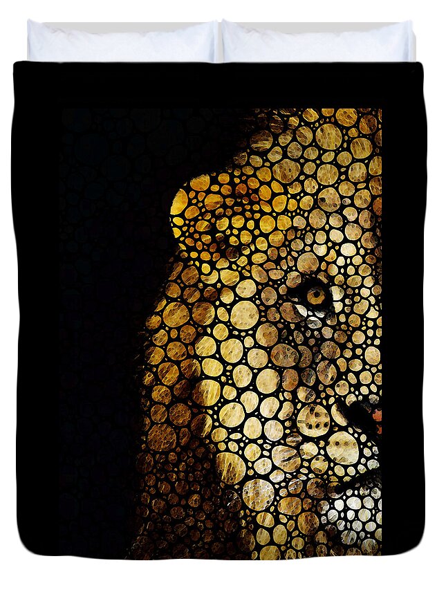Lions Duvet Cover featuring the painting Stone Rock'd Lion - Sharon Cummings by Sharon Cummings