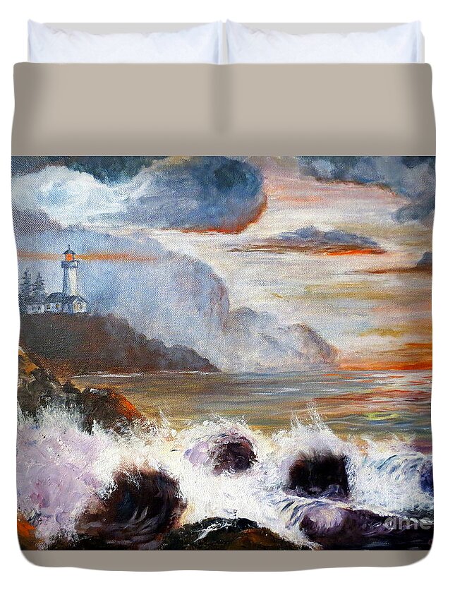 Ocean Painting Duvet Cover featuring the painting Stormy Sunset by Lee Piper