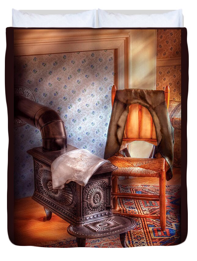 Savad Duvet Cover featuring the photograph Stove - The stove and the Chair by Mike Savad