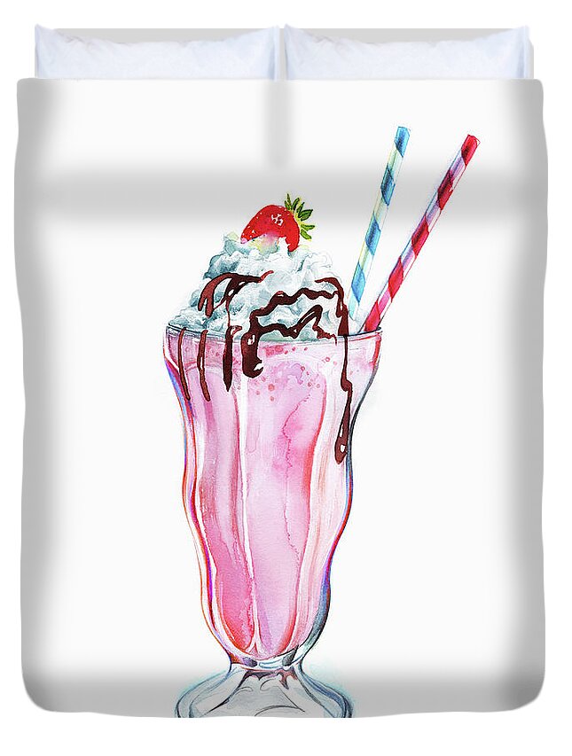 Chocolate Icing Duvet Cover featuring the painting Strawberry Milkshake With Whipped Cream by Ikon Ikon Images