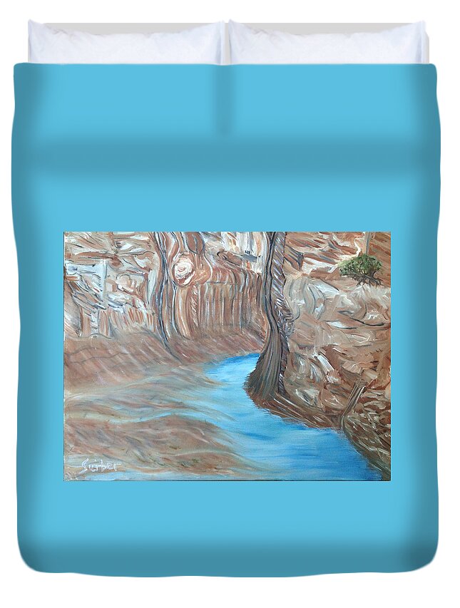 Cave Duvet Cover featuring the painting Streams Dream to be a River by Suzanne Surber