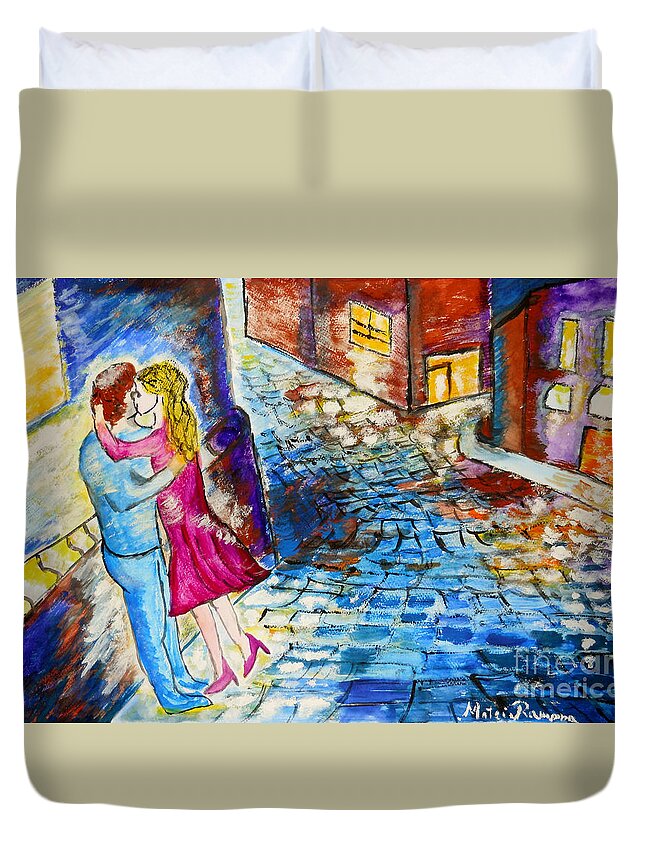 Kiss Duvet Cover featuring the painting Street Kiss by Night by Ramona Matei