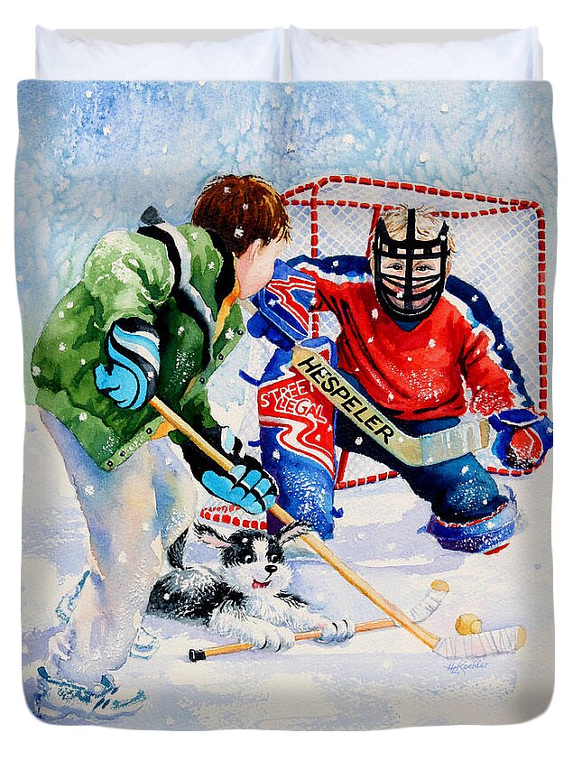 Kids Hockey Duvet Cover featuring the painting Street Legal by Hanne Lore Koehler
