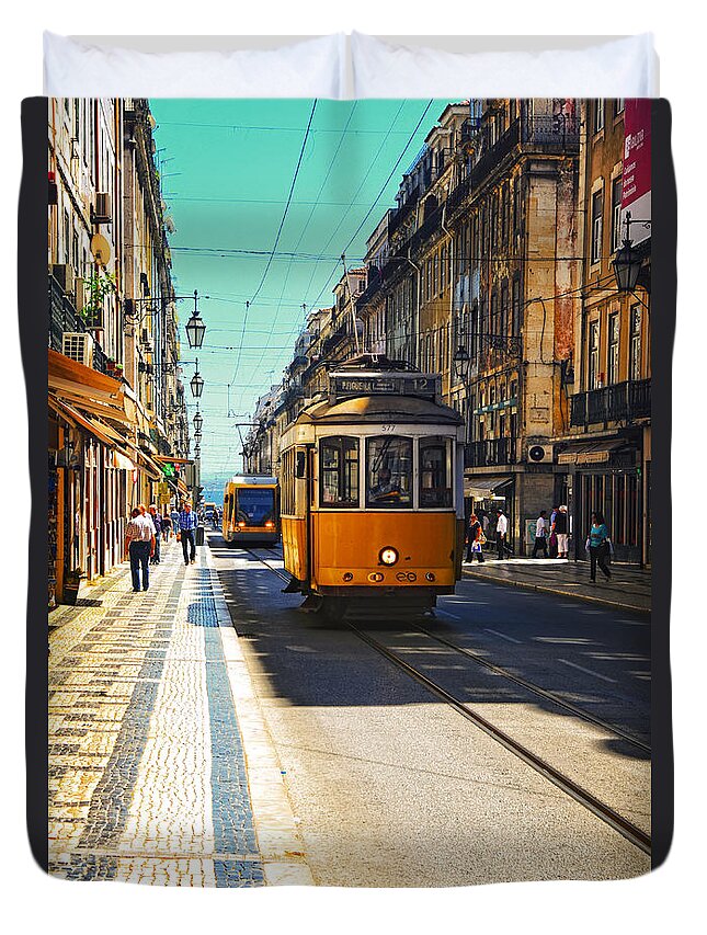Streetcar Duvet Cover featuring the photograph Streetcar - Oporto by Mary Machare