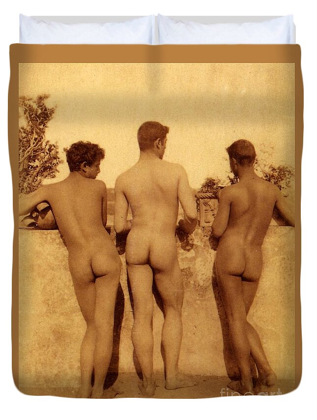 Gloeden Duvet Cover featuring the photograph Study of Three Male Nudes by Wilhelm von Gloeden