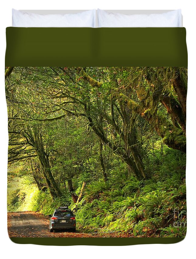 Oregon Rainforest Duvet Cover featuring the photograph Subaru In The Rainforest by Adam Jewell