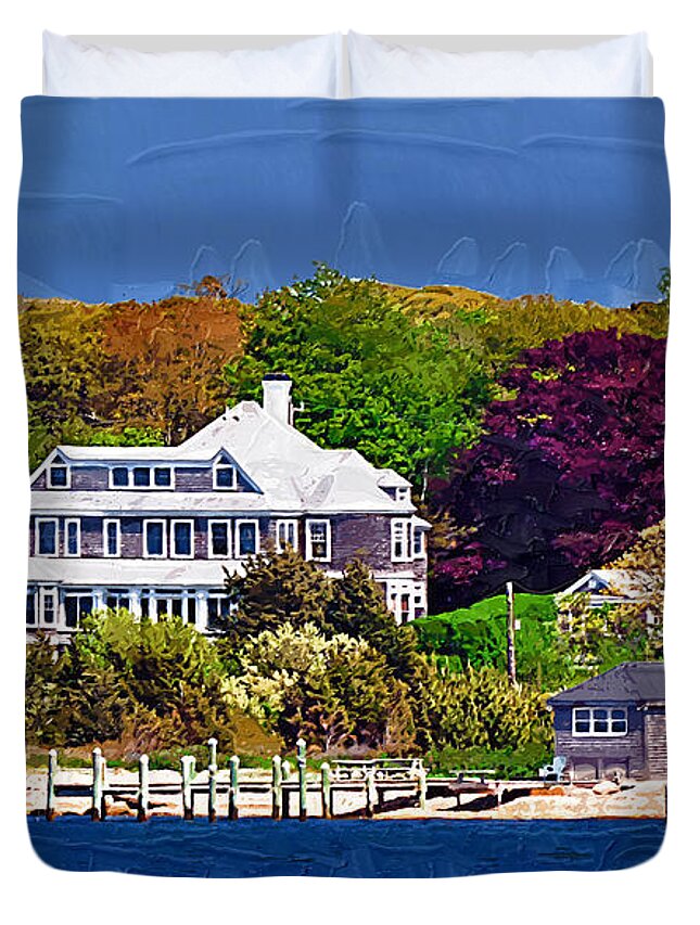 New England; Beach; Coastal; Shoreline; Summer Homes; Houses; Docks; Sea; Ocean; Marthas Vineyard; Trees; Nature; Natural; Kirt Tisdale Duvet Cover featuring the painting Summer at the Shore by Kirt Tisdale