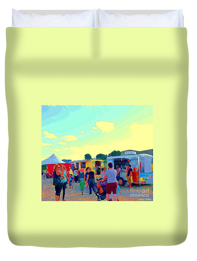 Food Truck Duvet Cover featuring the painting Summer Family Fun Paintings Of Food Truck Art Roadside Eateries Dad Mom And Little Boy Cspandau by Carole Spandau